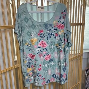 Savanna Jane Sage Green Floral Embroidered Short Sleeve Blouse